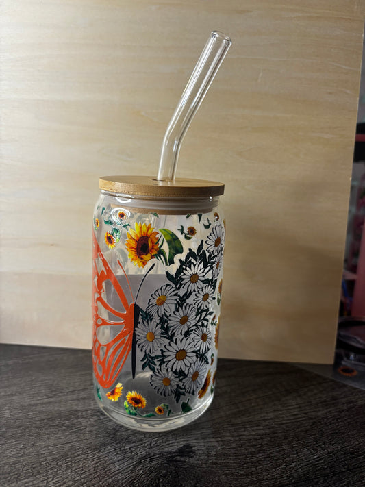 Daisy butterfly 16oz glass can cup